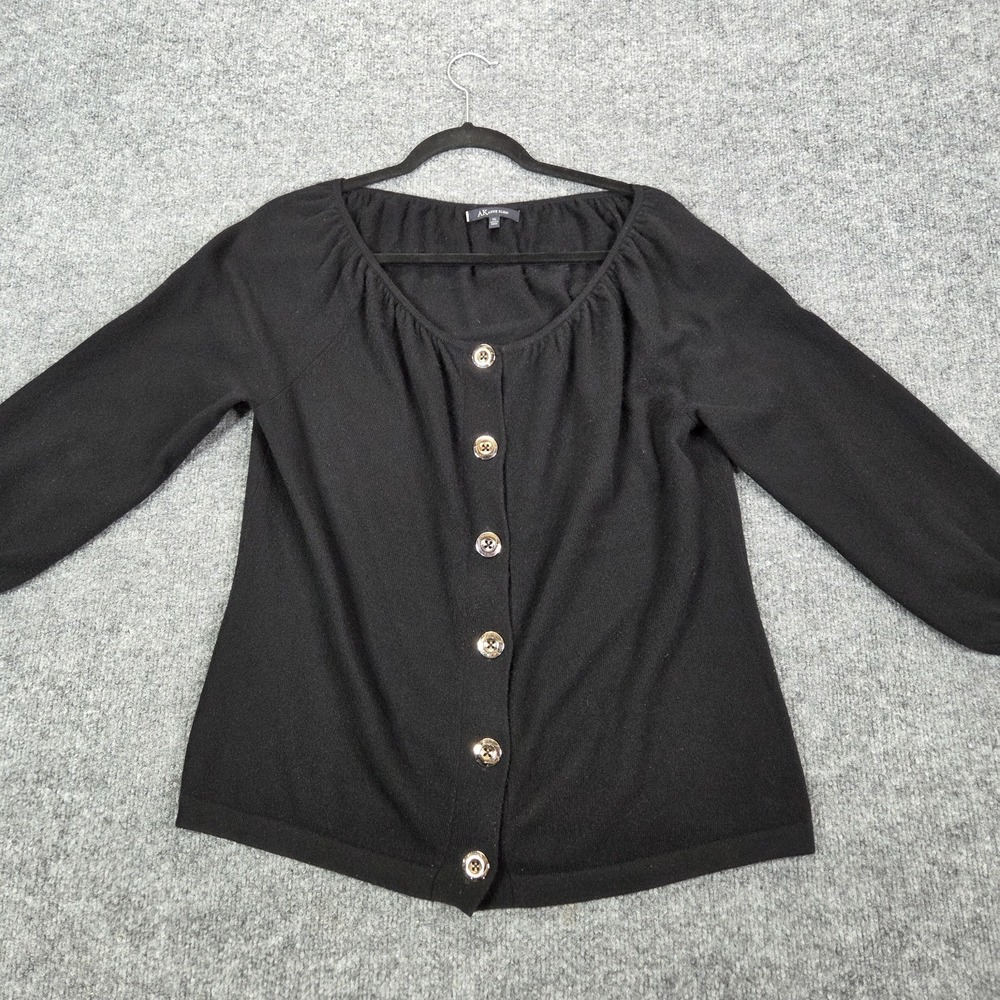 Anne Klein 100% Cashmere Black Sweater 3/4 Sleeve Button Front Womens XL